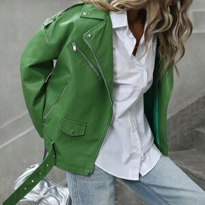 Green Casual Women's Stylish Woven Fabric Biker Jacket